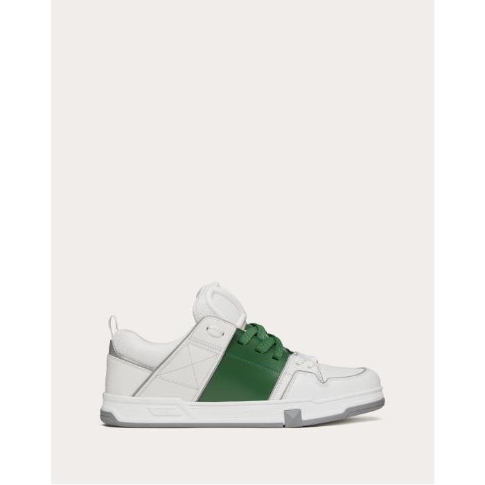 발렌티노 남성 스니커즈 운동화 Open Skate Calfskin And Fabric Sneaker for Man in White/green | Valentino GB YS0F89YPB_6TX이끌라발렌티노